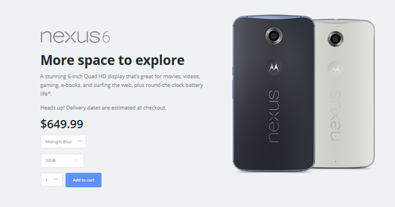 Nexus 6在摩托罗拉官网开售 预计1月发货